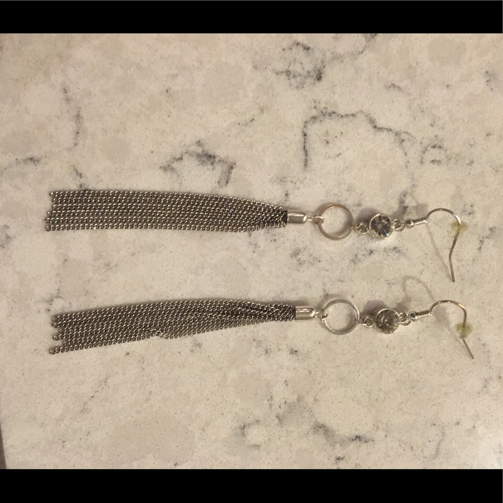 Silver and diamond long dangle earrings